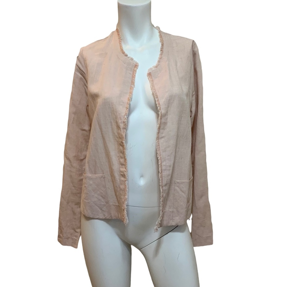 DREW Pink Linen Blend Open Front Blazer with Fringed Edges size S